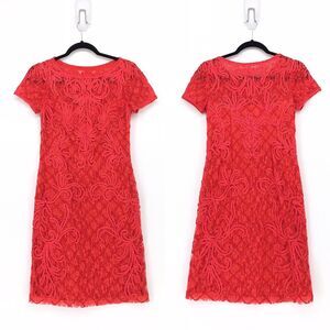 Sue Wong Women 0 Dress Red Embroidered Lace Cocktail Evening Short Sleeve